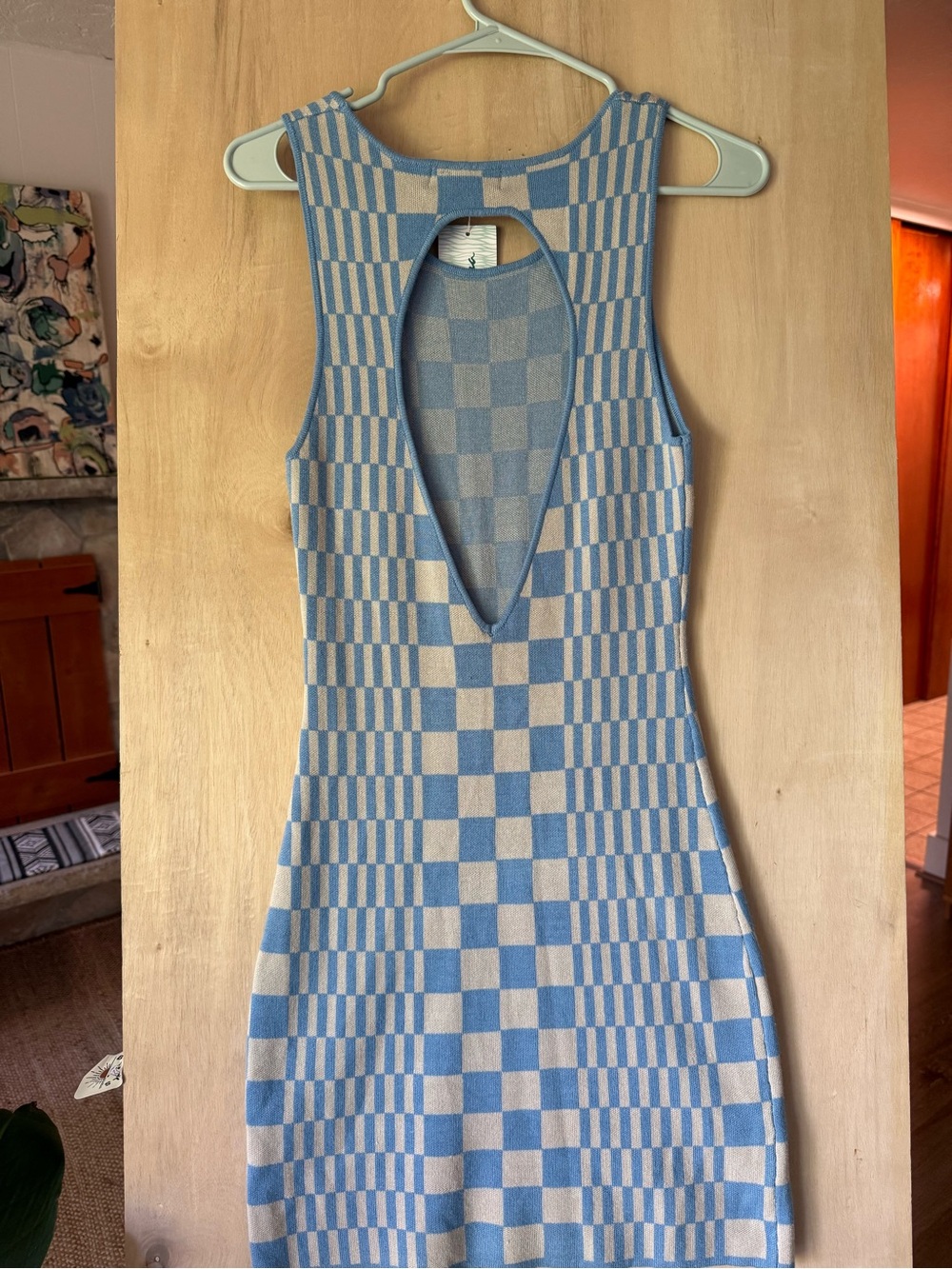 Mahina Hawaiian Boutique Blue & Cream Checker Knit Mini Bodycon Dress New size M